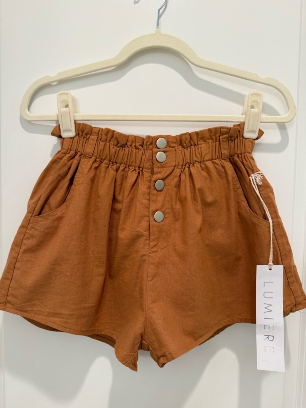 Lumiere Paperbag High-Waist Shorts in Rust-NWT